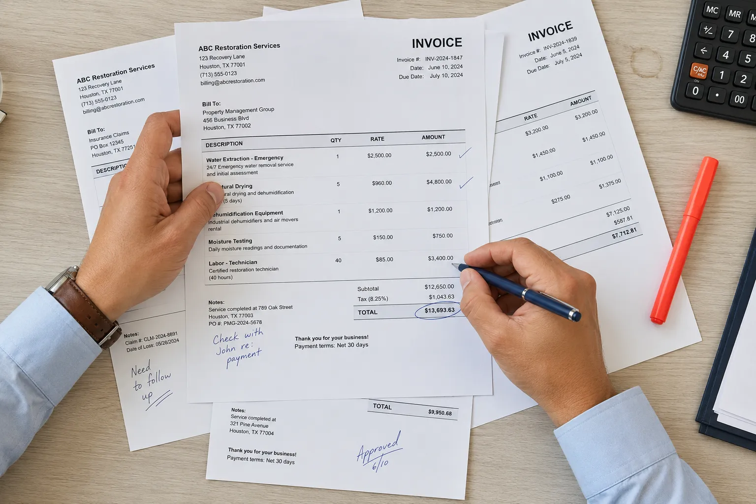 Professional reviewing business invoices and financial documents on desk