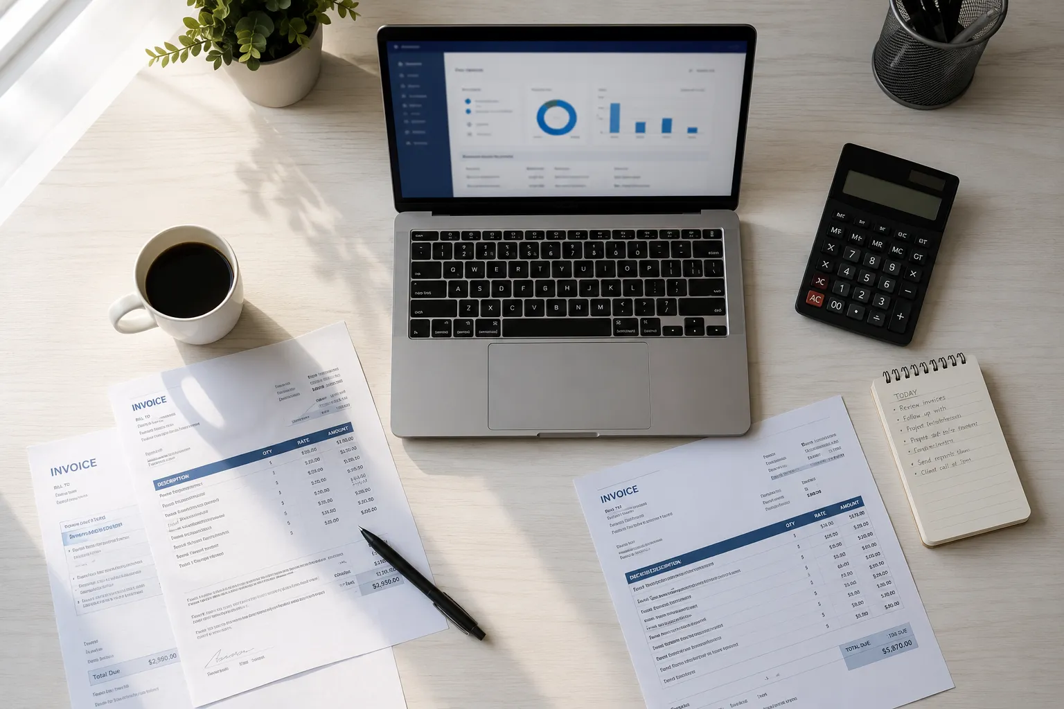 Professional office desk with laptop showing business dashboard and invoices