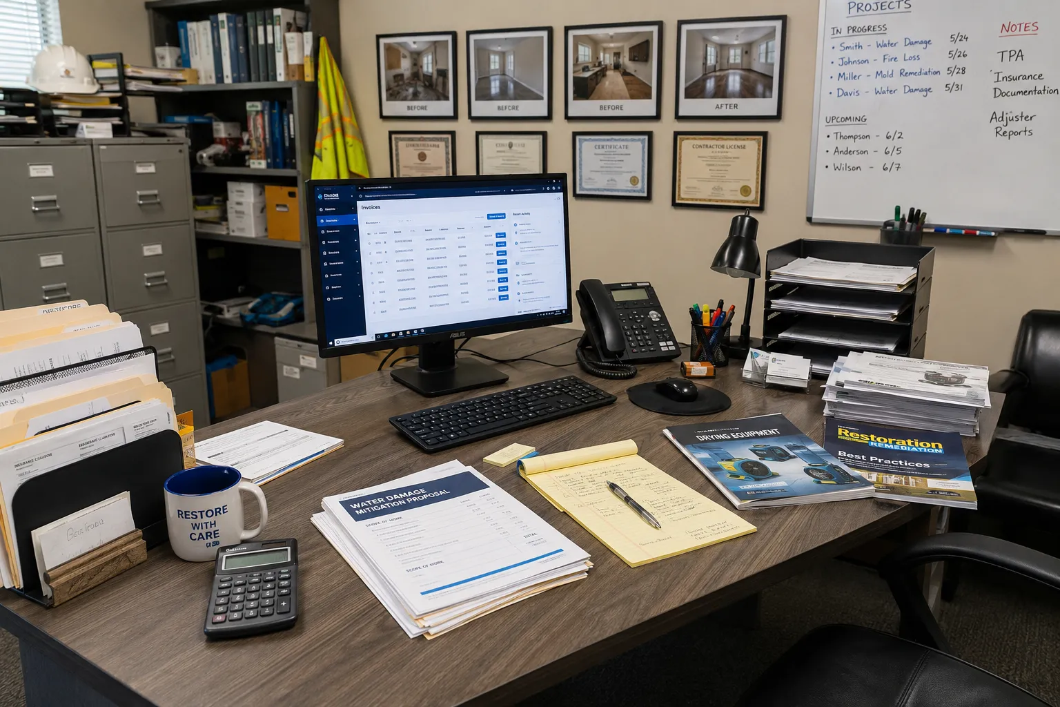 Restoration contractor office with project documentation and business software