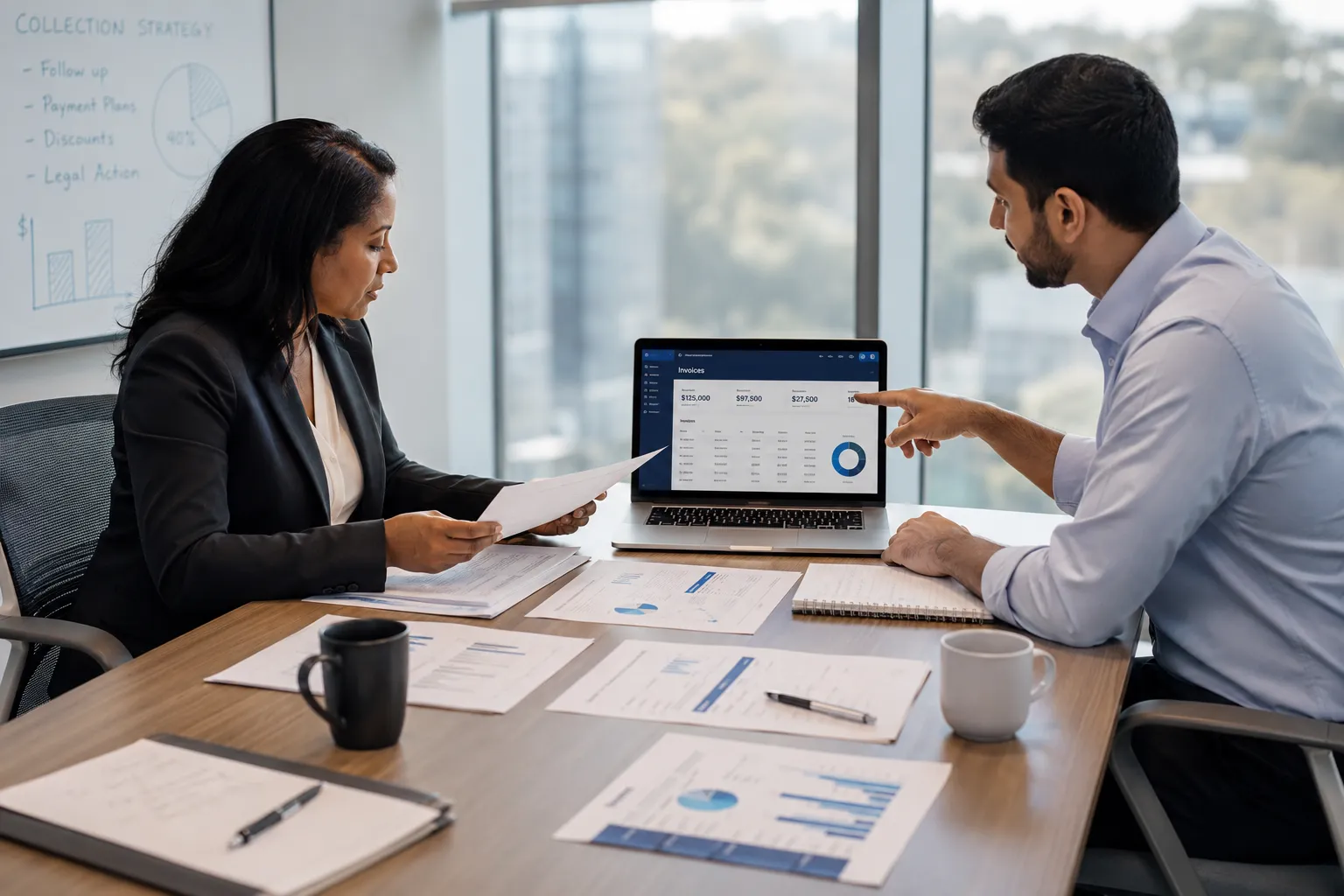Two business professionals collaborating and reviewing invoices at conference table