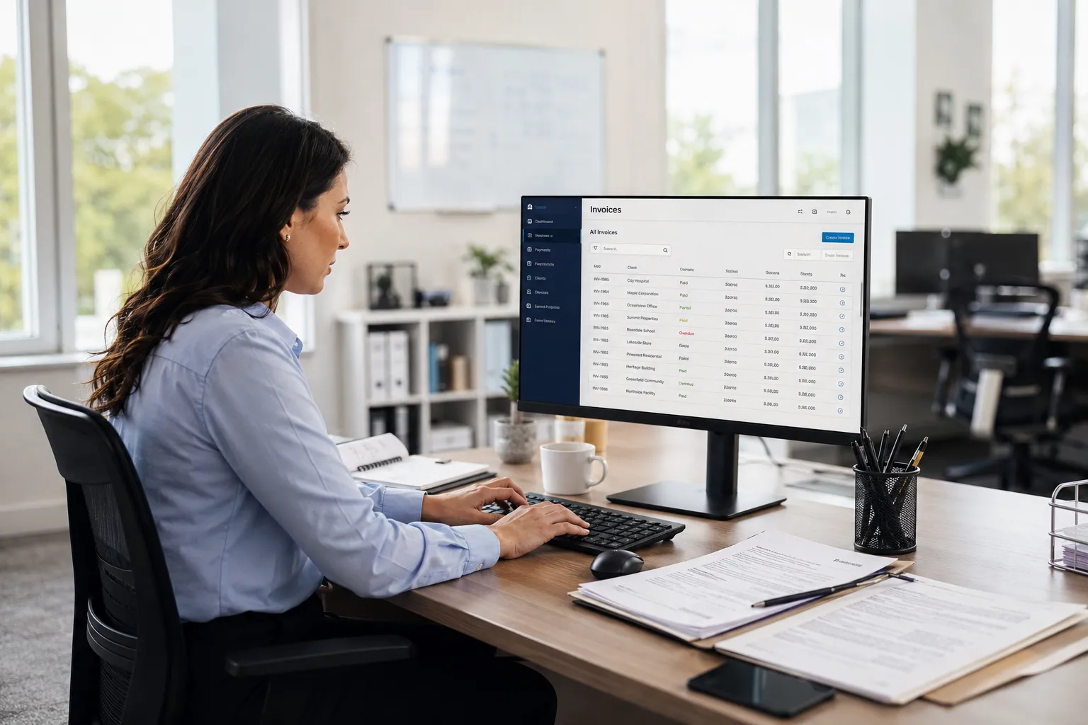 Female business professional working at desk reviewing invoices and financial data